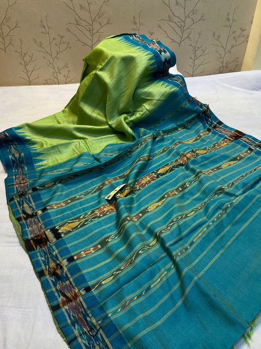 Apple Green Pure desi tussar silk pochampally border sarees