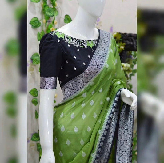 Olive green banarasi semi georgette saree