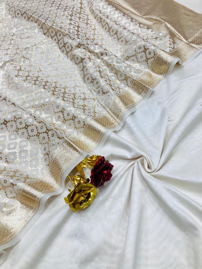 Off white Banarasi plain chanderi silk suit