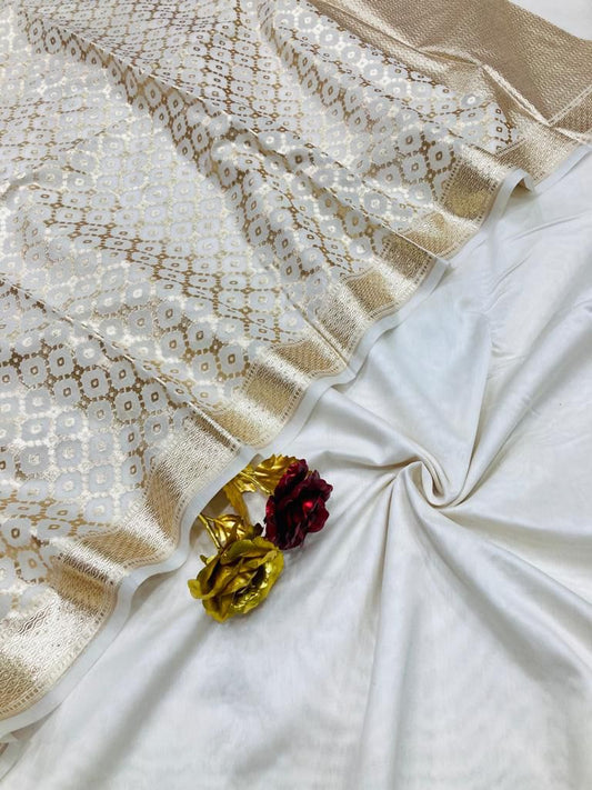 Off white Banarasi plain chanderi silk suit