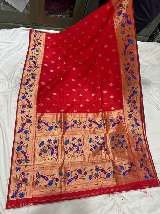 Red soft silk brocade paithani Sarees