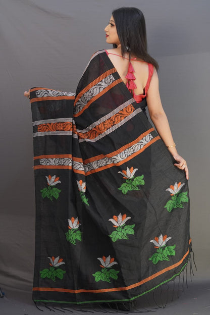 Black 120 counts linen by linen jamdani sarees