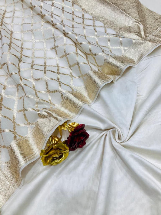 Off white Banarasi plain chanderi silk suit