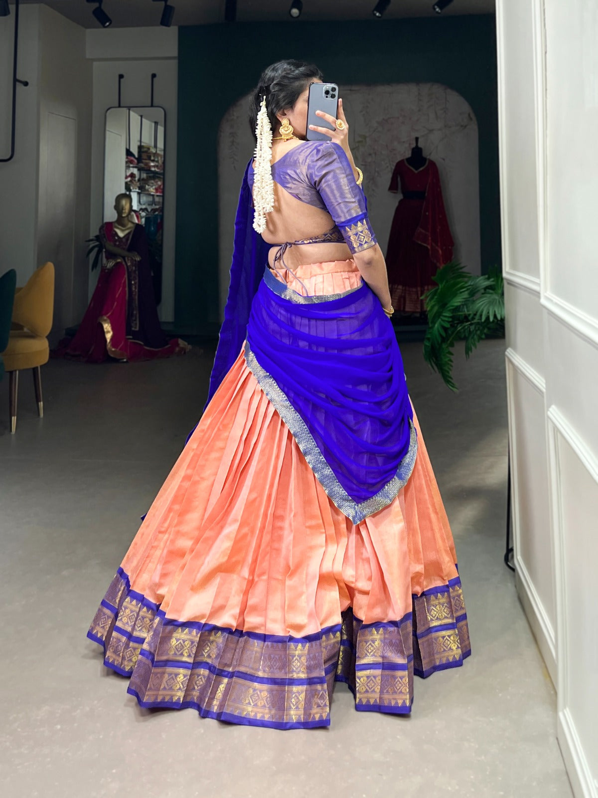Light orange kanchipuram lehenga choli