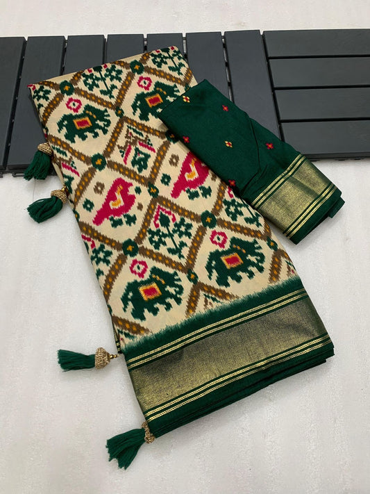 Bottle green munga crepe patola silk sarees