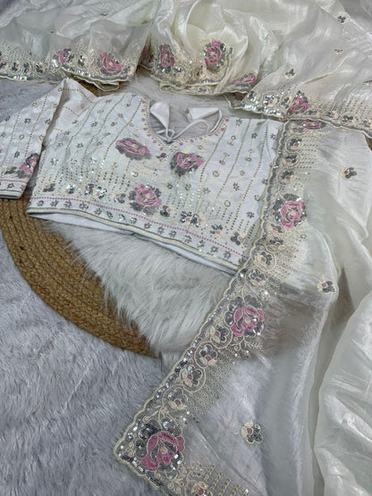 Off white crushed embroidered sarees