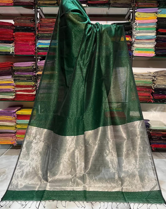 Bottle green semi silk striped sarees