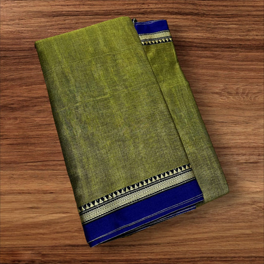 Olive green mercerised Narayanpet Cotton sarees with thin border