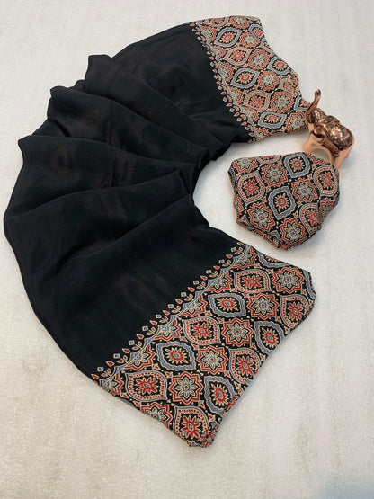 Pure crepe satin ajrakh sarees