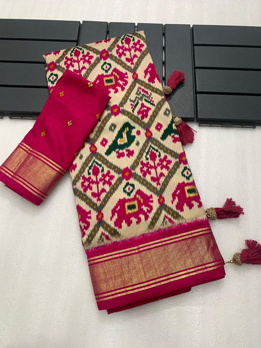 Cream with pink munga crepe patola silk sarees