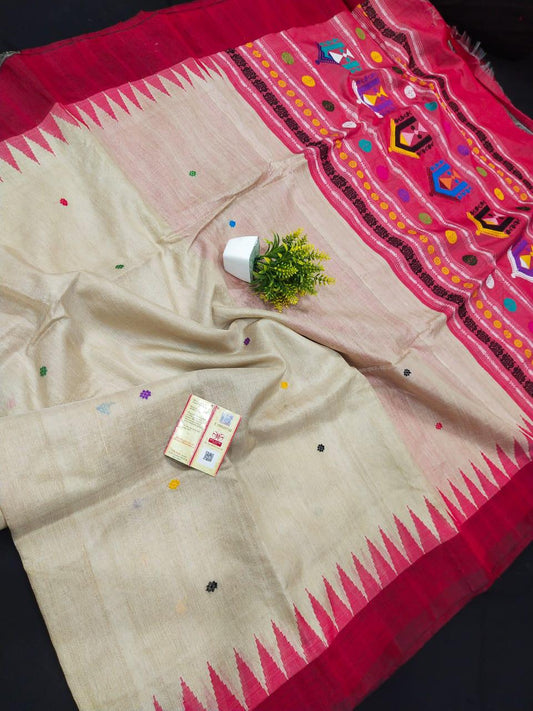 Beige with red pure  desi tussar silk sarees