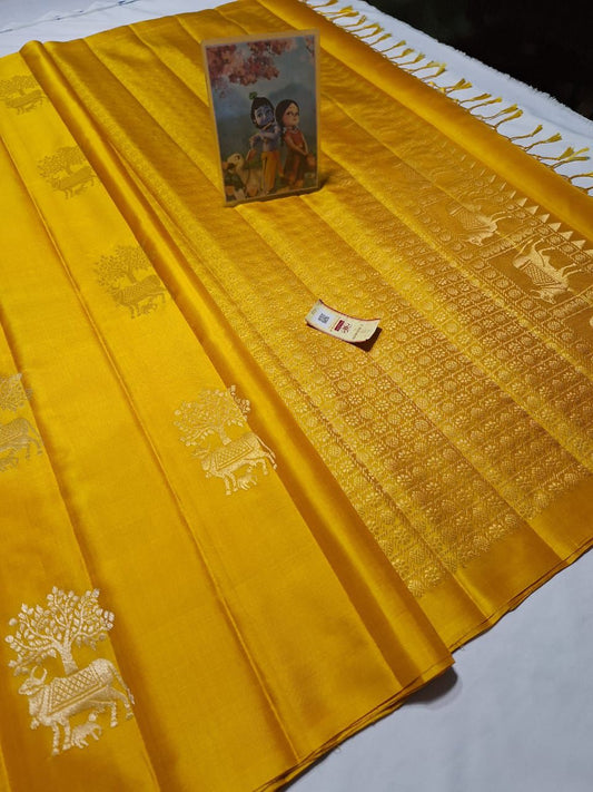 Mango yellow Pure kanchipuram plain soft silk sarees