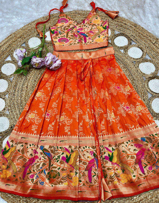 Orange Paithani lehenga for kids