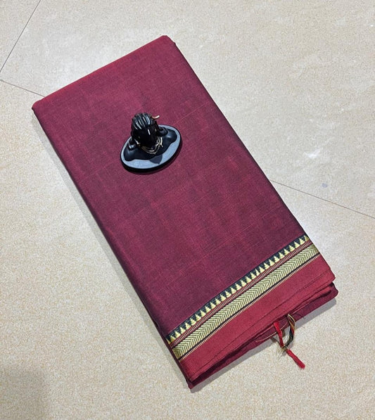 Maroon red mercerised Narayanpet Cotton sarees with thin border