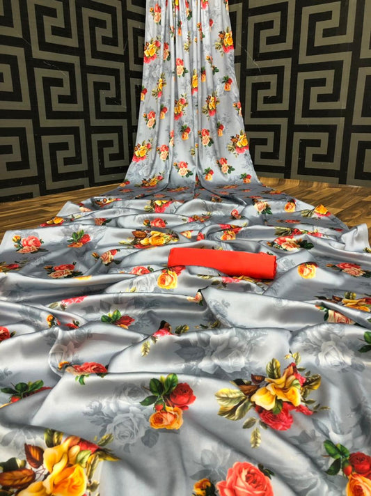 Gray satin silk saree