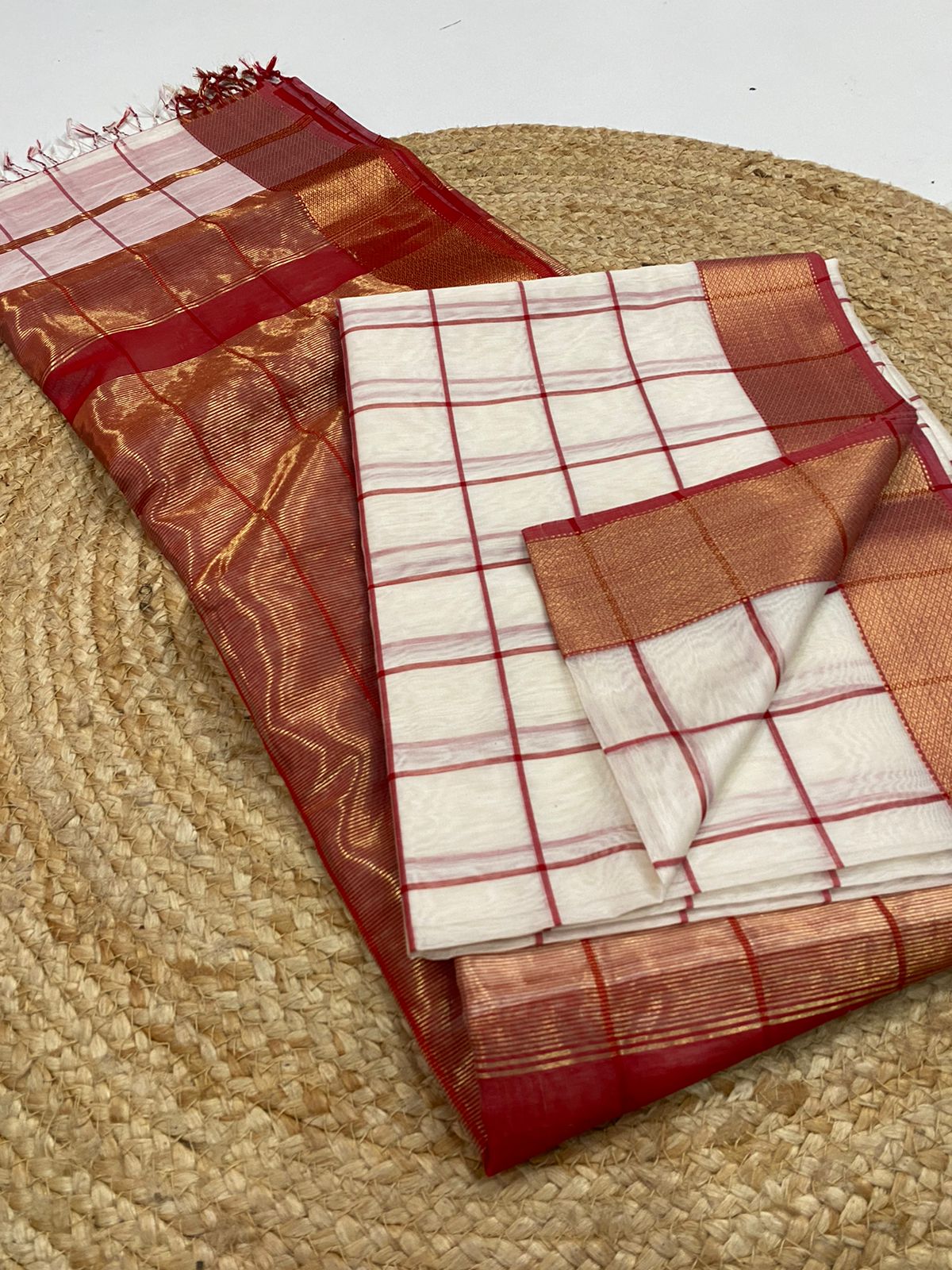 Red and white checks Maheshwari silk sarees