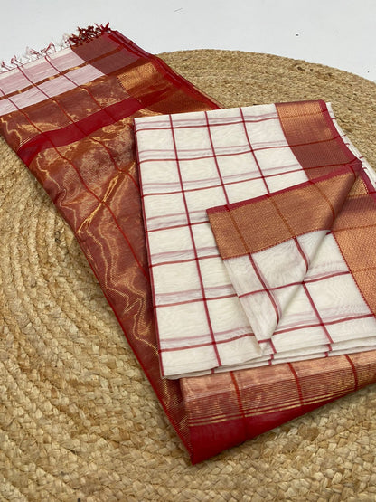 Red and white checks Maheshwari silk sarees