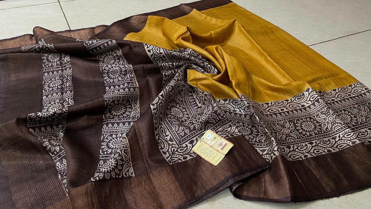 Pure Tussar silk block printed sarees