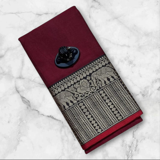 Maroon Narayanpet Cotton sarees with elephant border