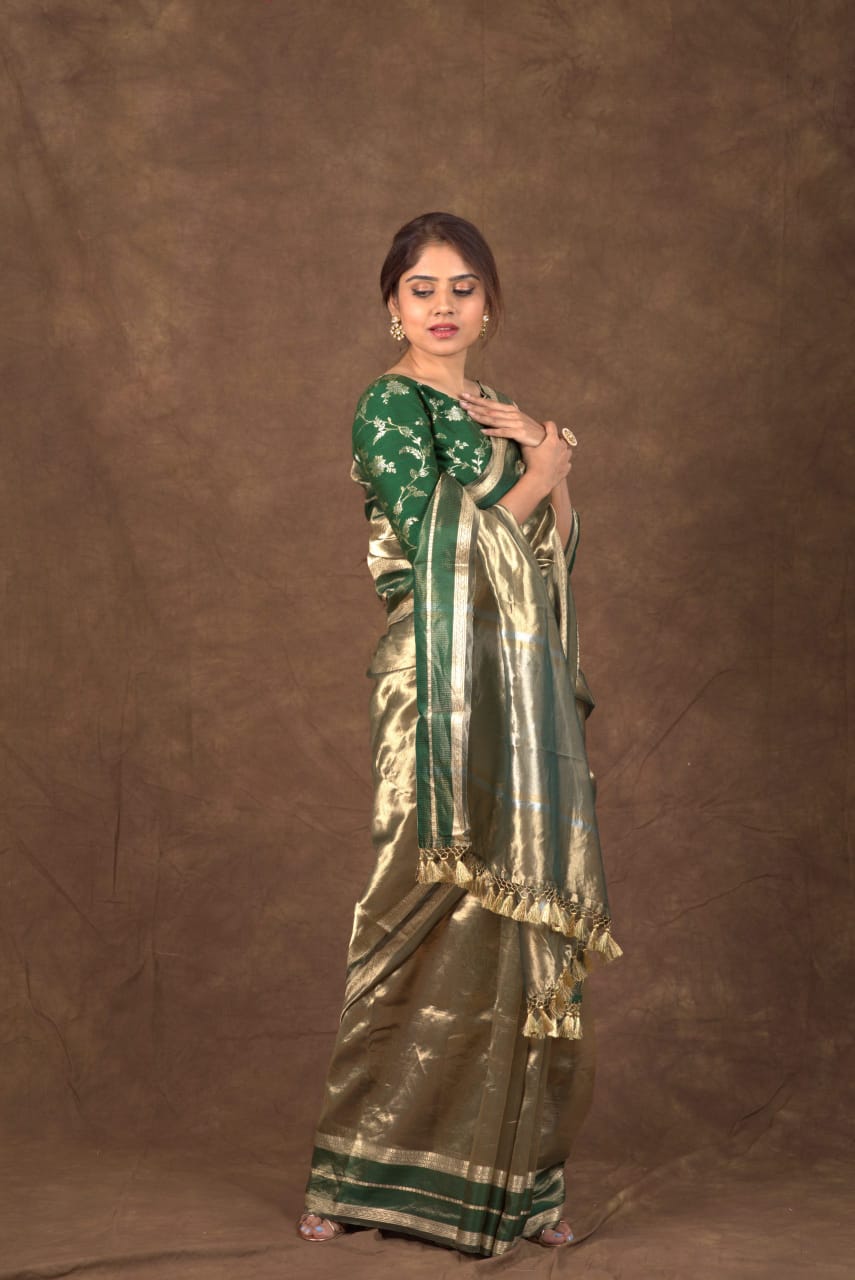 Gold with dark green pure metallic double tissue organza sarees