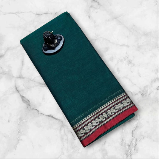 Dark green Narayanpet Cotton sarees with thin mango border