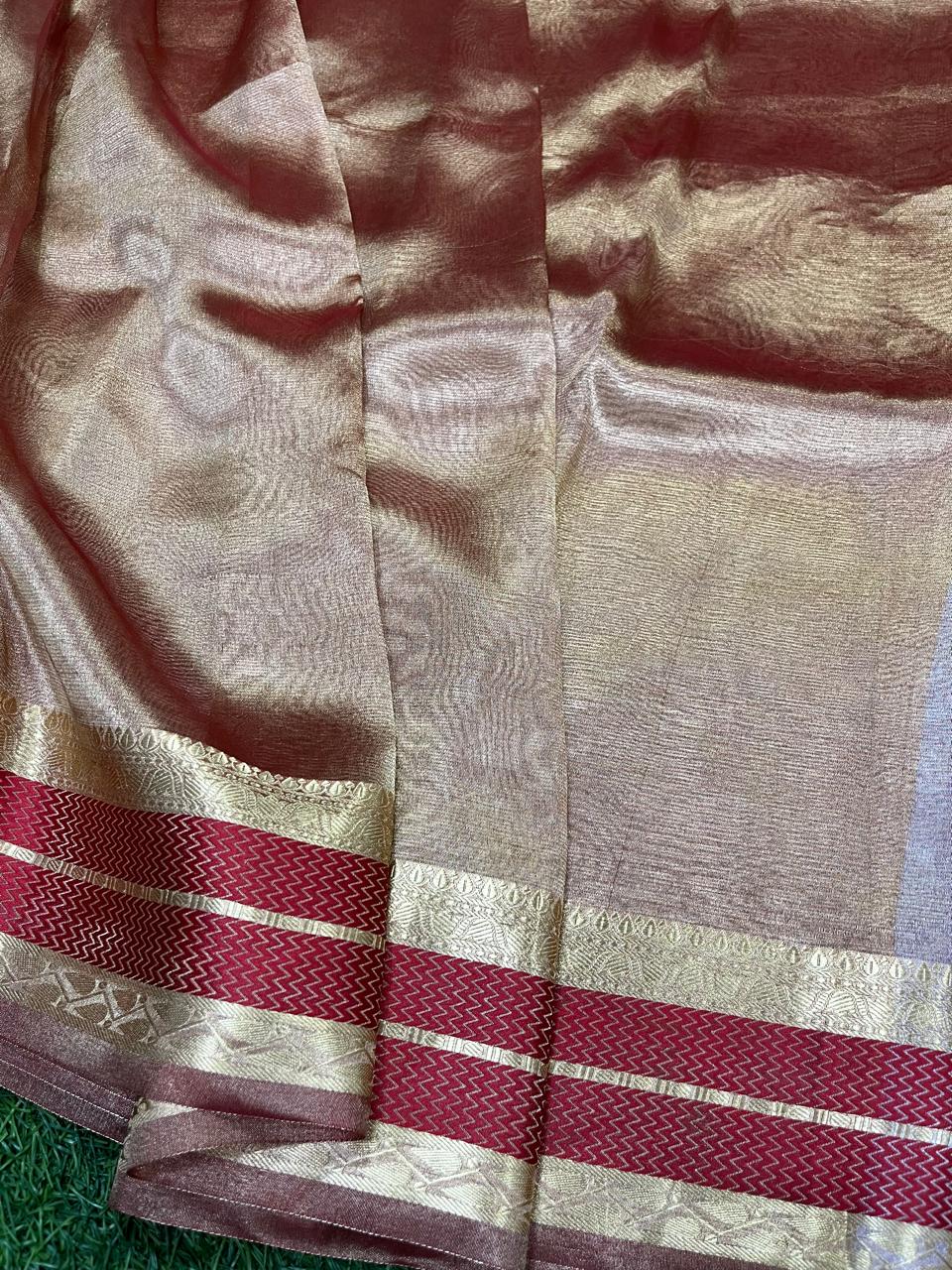 Gold with maroon pure metallic double tissue organza sarees