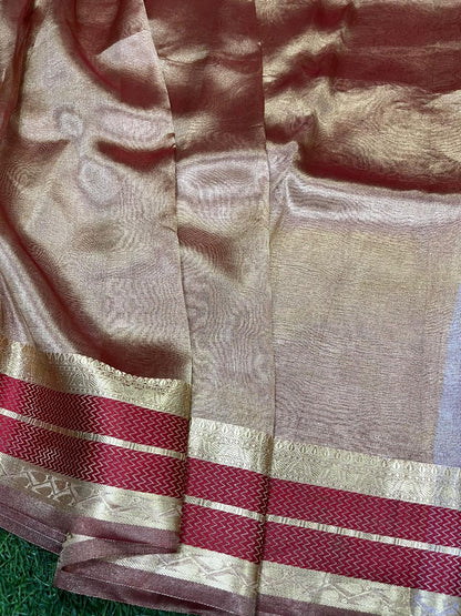 Gold with maroon pure metallic double tissue organza sarees