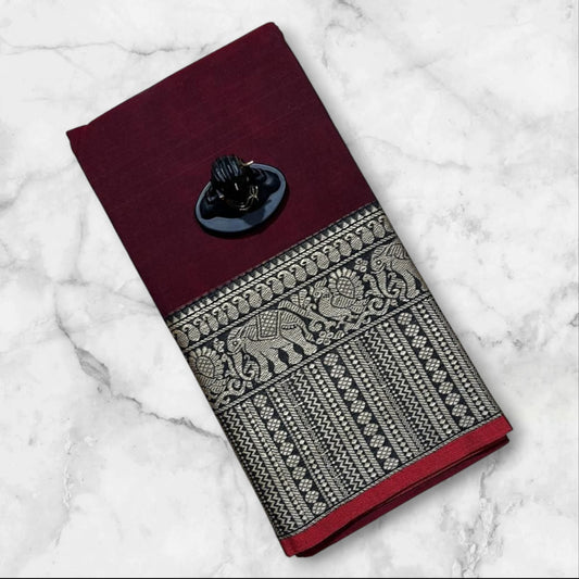 Maroon red Narayanpet Cotton sarees with elephant border