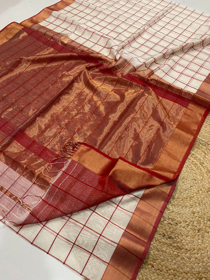 Red and white checks Maheshwari silk sarees