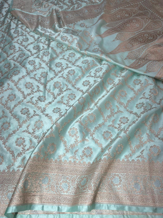 Pastel turquoise pure banarasi mashru silk sarees