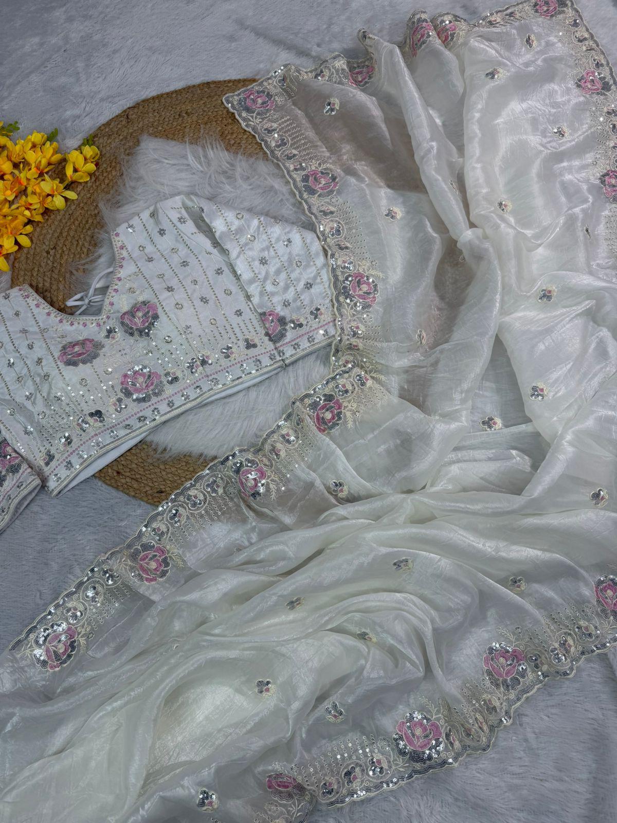 Off white crushed embroidered sarees