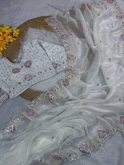 Off white crushed embroidered sarees
