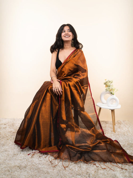 Copper gold khadi Tissue cotton sarees