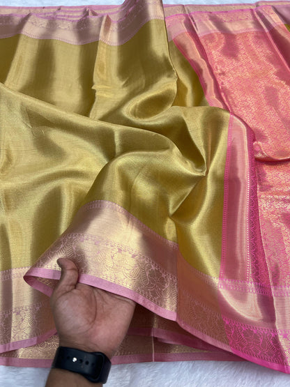 Plain gold Banarasi katan tissue silk sarees