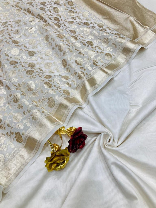 Off white Banarasi plain chanderi silk suit