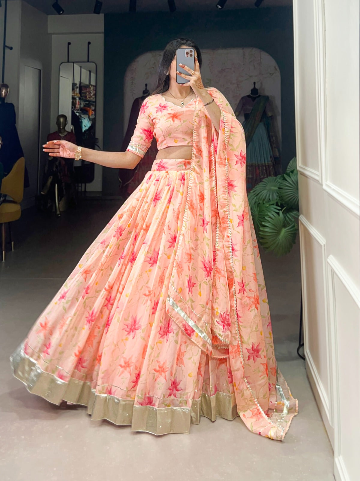 Peach silk lehenga