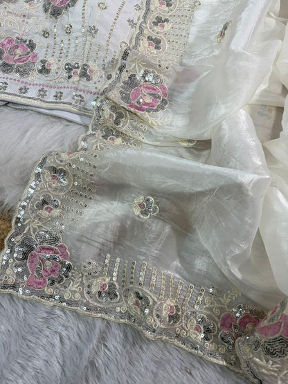 Off white crushed embroidered sarees