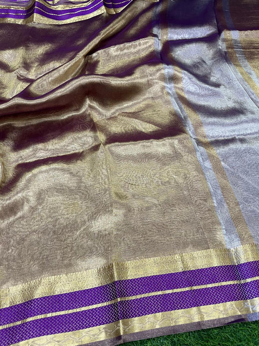 Gold with purple pure metallic double tissue organza sarees