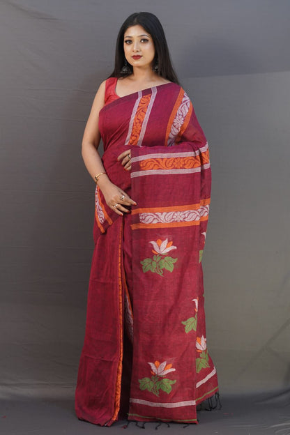 Maroon 120 counts linen by linen jamdani sarees