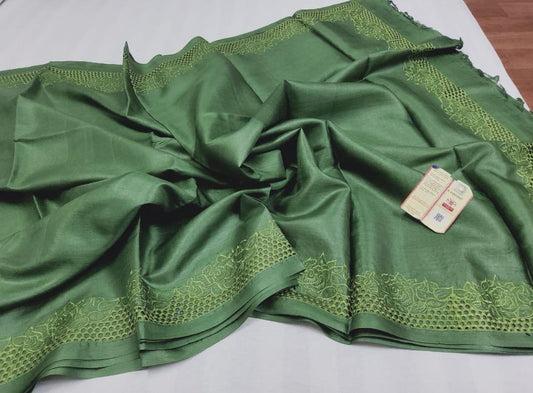 Dark green pure bhagalpuri tussar silk cutwork sarees