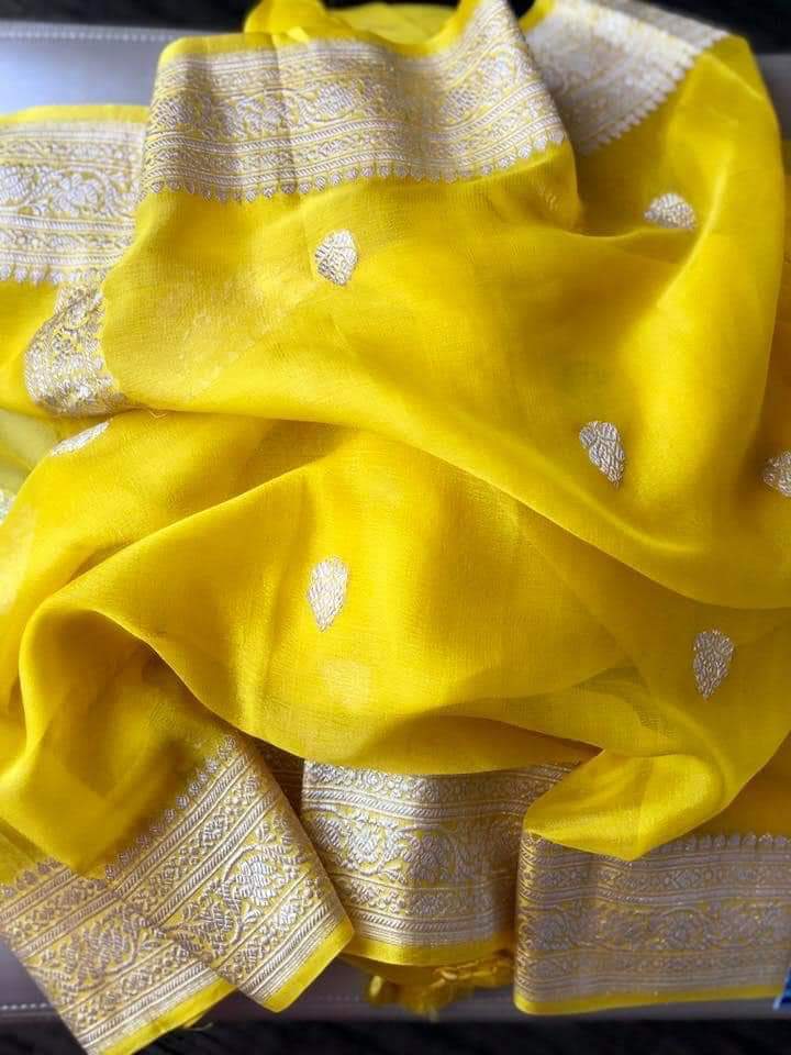 Green Exclusive Durga Puja Zari Work Pure Chiffon Banarasi Silk Handwoven Saree Designer Weaving Fabric Sari Women Running Blouse Pece