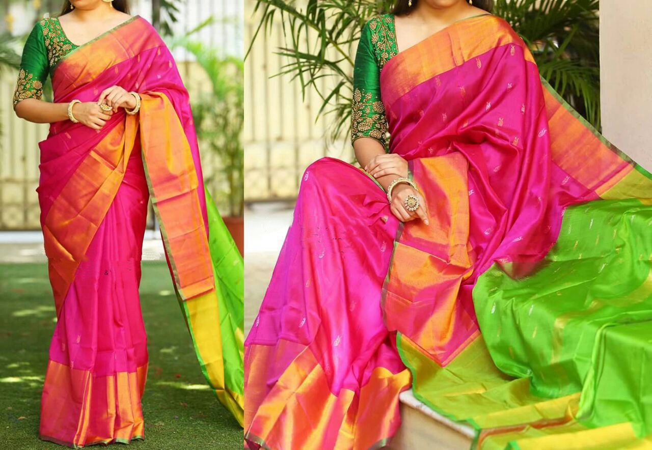 Sneha in a classic green and pink combination Kanjeevaram saree paired with  pink elb  South indian wedding saree Wedding saree indian Bridal sarees  south indian