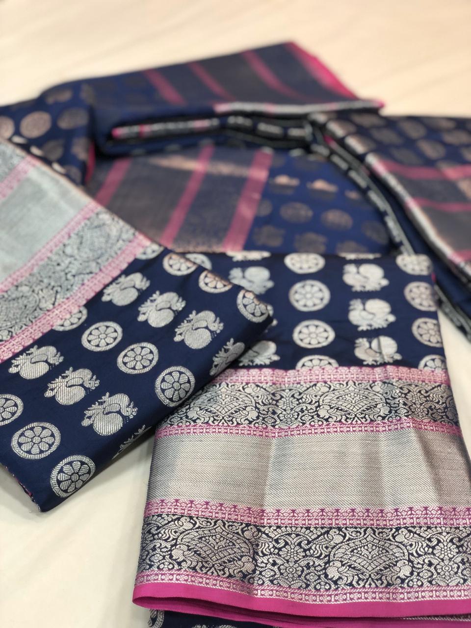 Navy blue banarasi silk sarees with rich pallu