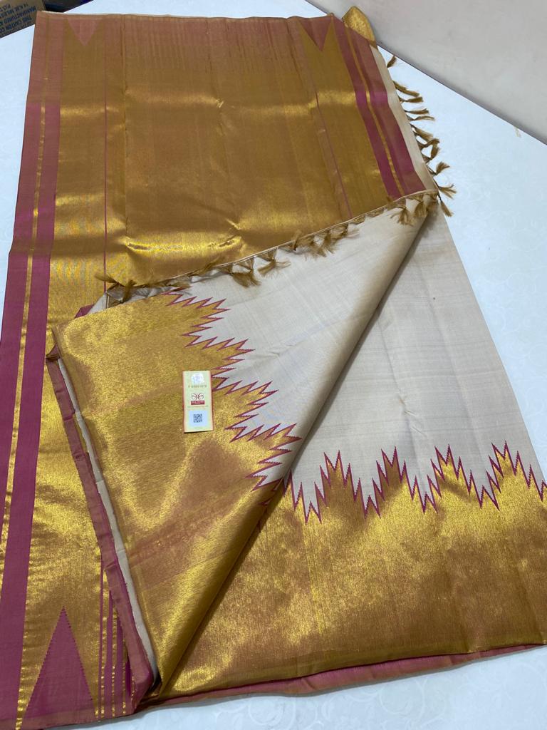 Beige pure kanchipuram silk with temple border