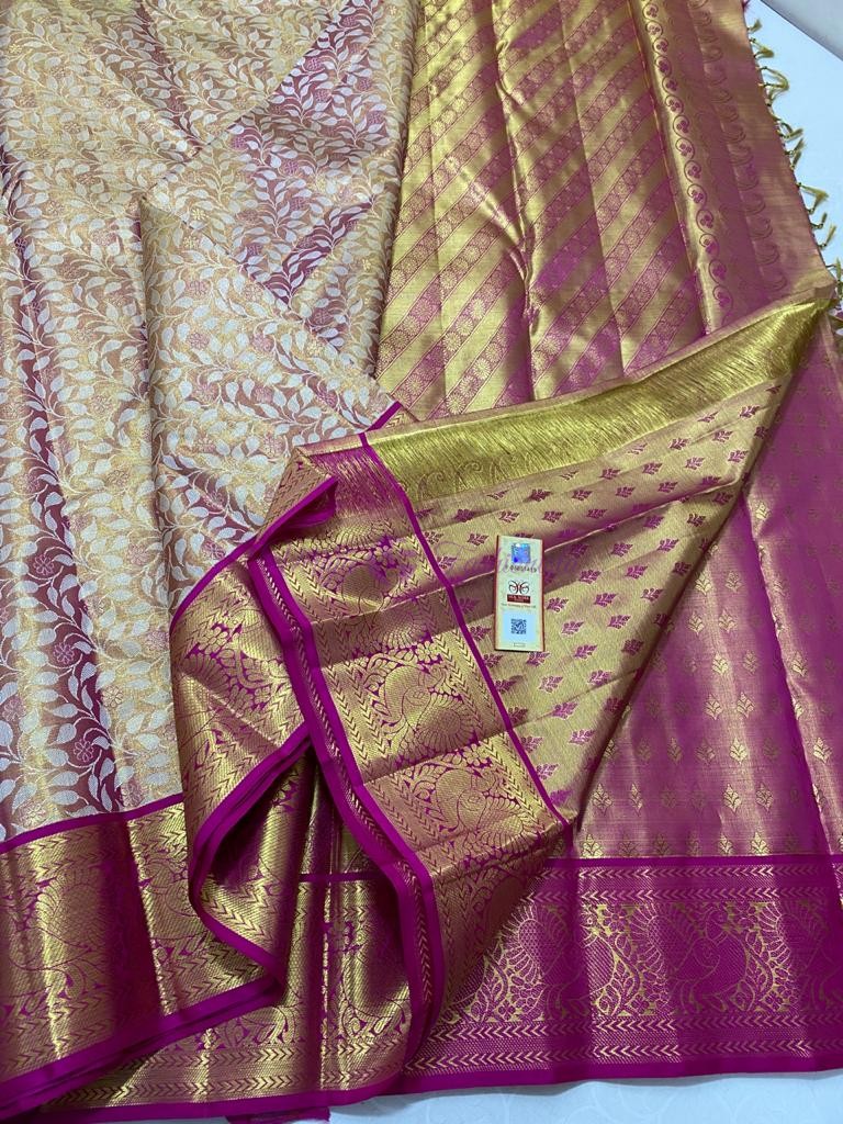 Golden with pink pure kanchipuram Tissue silk sarees