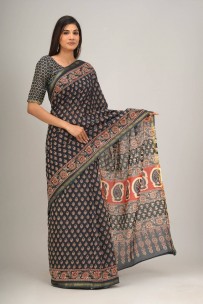 Handprinted mulmul cotton sarees with zari border