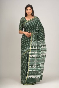 Handprinted mulmul cotton sarees with zari border