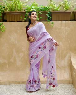 Linen sarees with embroidery work