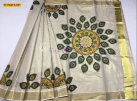 Kerala mural print gold tissue sarees