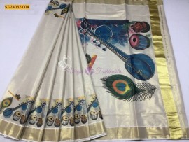 Kerala mural print gold tissue sarees